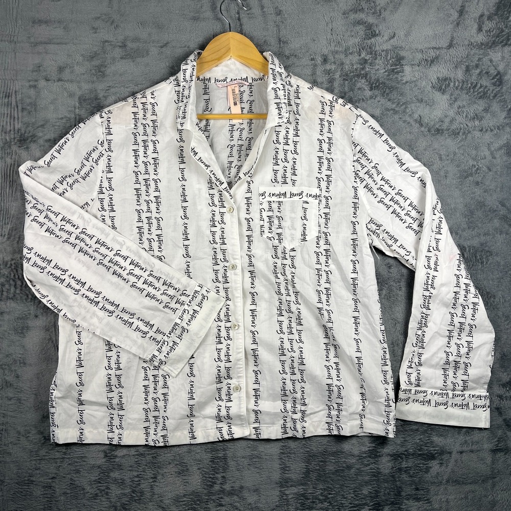 Victorias Secret Pajama‎ Shirt Womens XL White Script Logo Button Up Sleepshirt